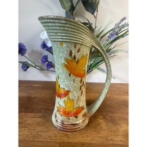 Vintage Signed Studio Pottery Pitcher Vase Hand Painted Autumn Leaves Rustic
